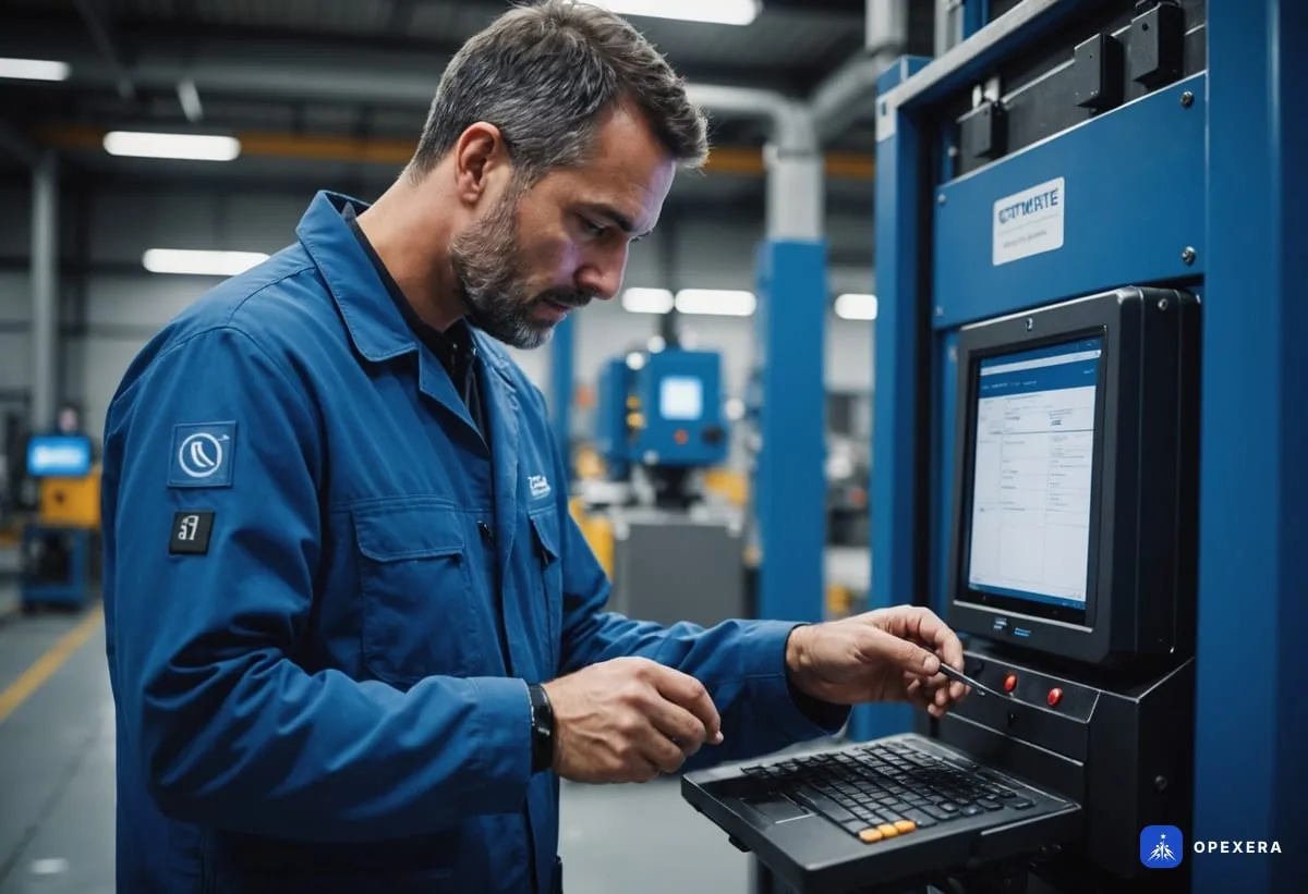 Makine başında endüstriyel tablet üzerinden duruş verisi giren operatör