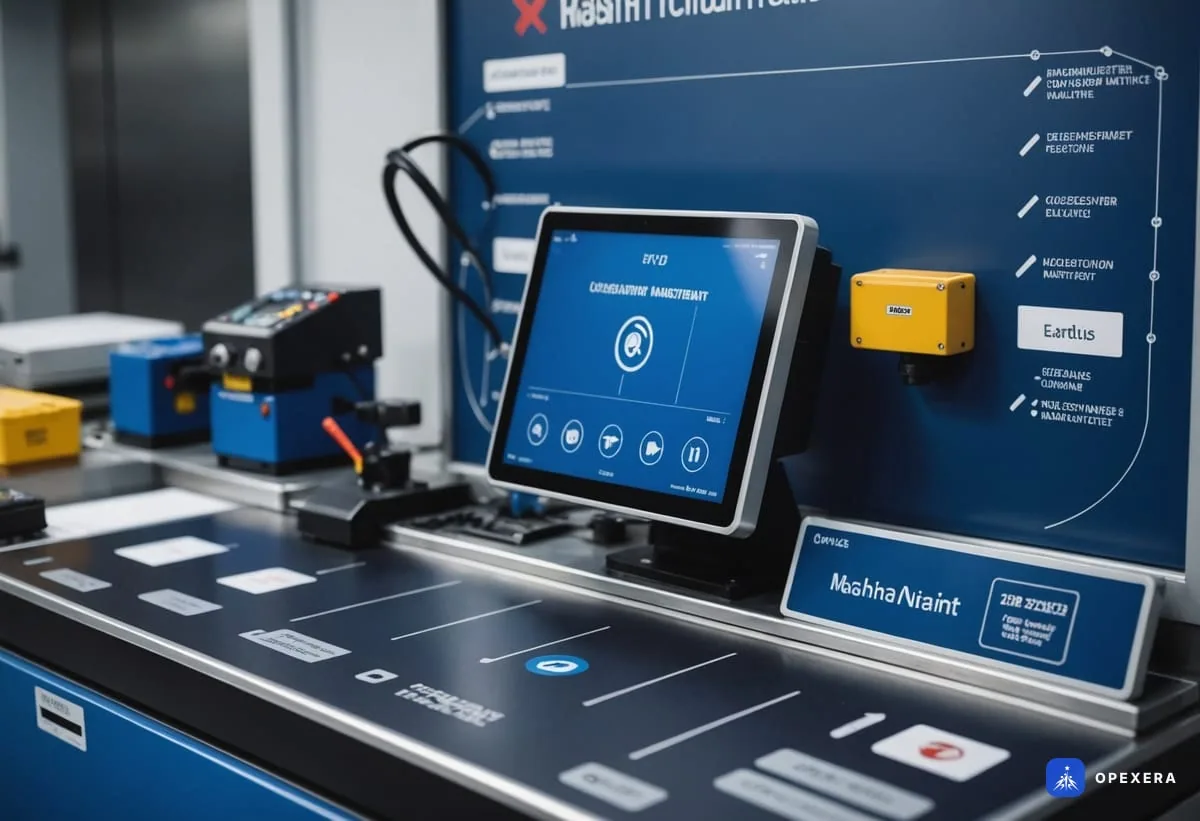 Kontrol noktaları etiketlenmiş makine ve gölge panosundaki temizlik ekipmanları