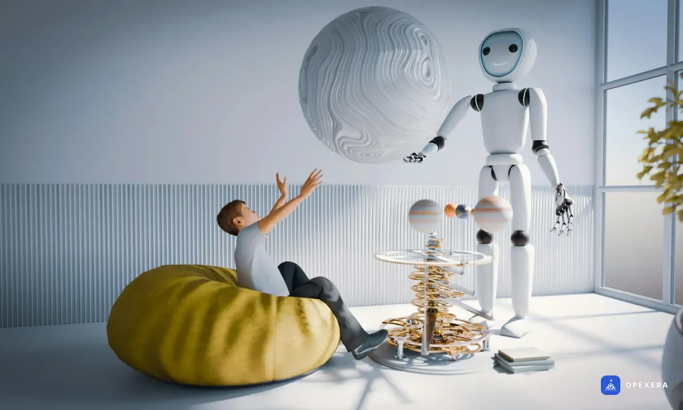 Bir çocuk ile insansı robotun birlikte gezegen modeline baktığı geleceğe dönük illüstrasyon